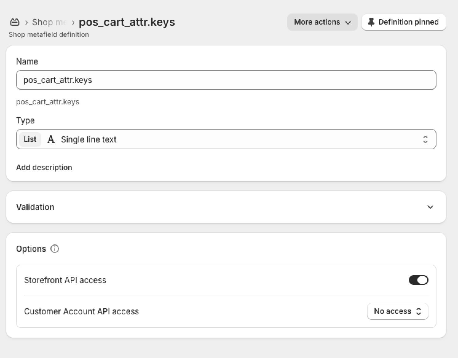 Create pos_cart_attr.keys Shop metafield definition in Shopify admin