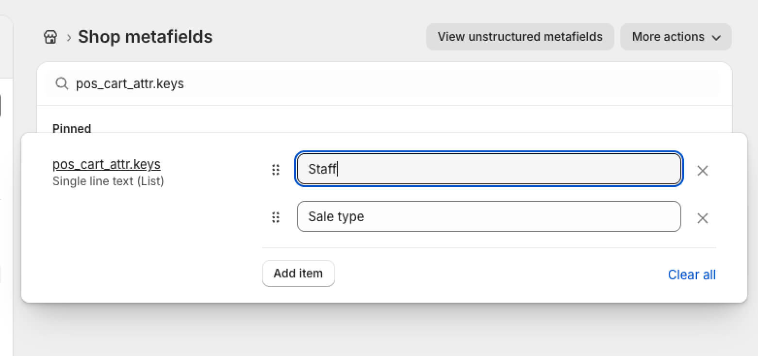 Example values for pos_cart_attr.keys metafield list